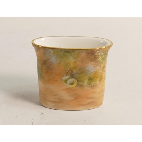 963 - Royal Worcester toothpick holder, hand painted with fruit by J Smith, black factory marks, h.6cm.