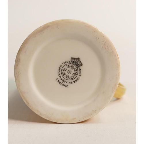 964 - Royal Worcester christening mug, hand painted with fruit by Roberts, black factory marks, h.7cm.