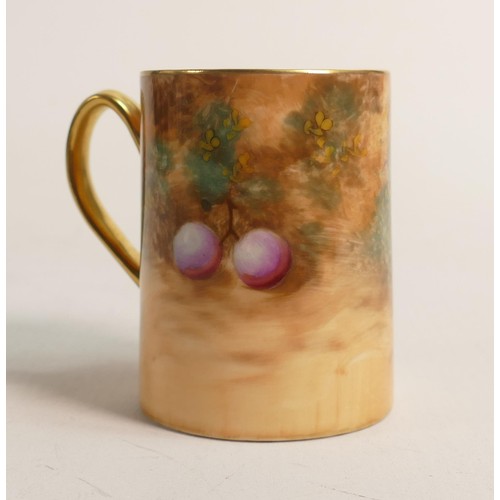 964 - Royal Worcester christening mug, hand painted with fruit by Roberts, black factory marks, h.7cm.