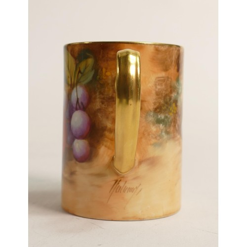 964 - Royal Worcester christening mug, hand painted with fruit by Roberts, black factory marks, h.7cm.