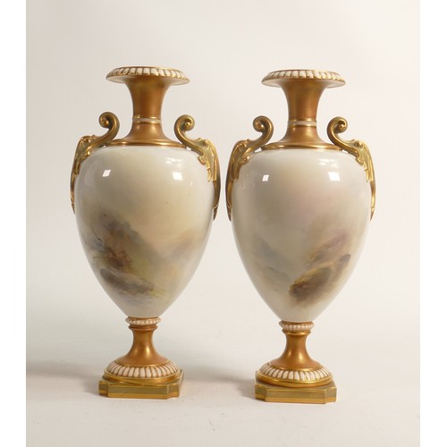 973 - Pair of Royal Worcester two handled vases, hand painted with Highland cattle by H Stinton, puce mark... 