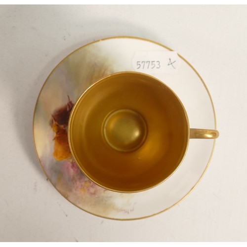 976 - Royal Worcester small cup & saucer, hand painted with Highland cattle by H Stinton, puce mark, cup h... 