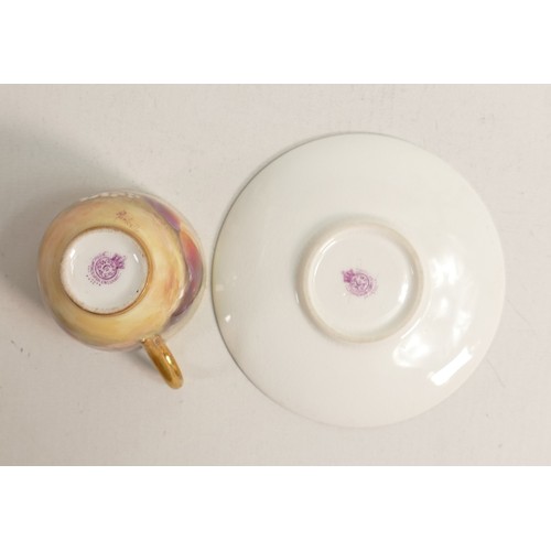 977 - Royal Worcester small cup & saucer, hand painted with fruit by Ricketts, puce mark, cup h.5cm.