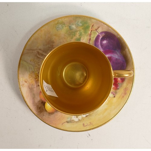 977 - Royal Worcester small cup & saucer, hand painted with fruit by Ricketts, puce mark, cup h.5cm.