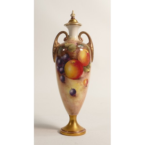 978 - Royal Worcester two handled vase & cover, hand painted with fruit by J Cook, black mark, h.25.5cm.