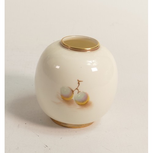 979 - Royal Worcester small vase, hand painted with fruit by artist, black mark, h.8cm.