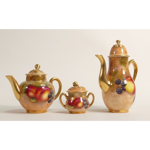 980 - Royal Worcester miniature tea/coffee set, hand painted with fruit and signed by artist, comprising t... 