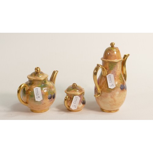 980 - Royal Worcester miniature tea/coffee set, hand painted with fruit and signed by artist, comprising t... 