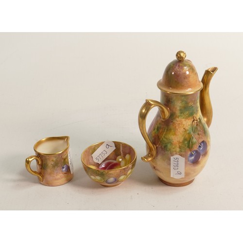 981 - Royal Worcester miniature tea/coffee set, hand painted with fruit and signed by Freeman, comprising ... 