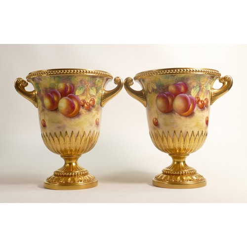 983 - Superb pair of Royal Worcester two handled urns, gilded and hand painted with fruit by J Smith, h.22... 