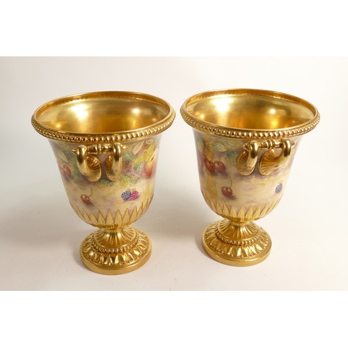 983 - Superb pair of Royal Worcester two handled urns, gilded and hand painted with fruit by J Smith, h.22... 