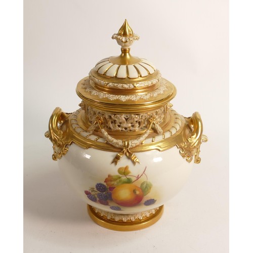 984 - Superb Royal Worcester two handled urn & cover, gilded and hand painted with fruit by Horace Price, ... 