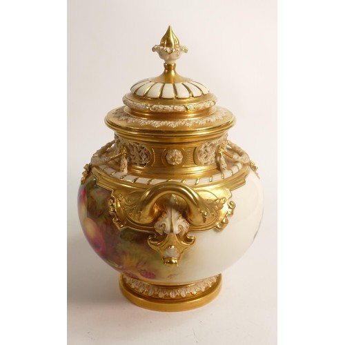 984 - Superb Royal Worcester two handled urn & cover, gilded and hand painted with fruit by Horace Price, ... 