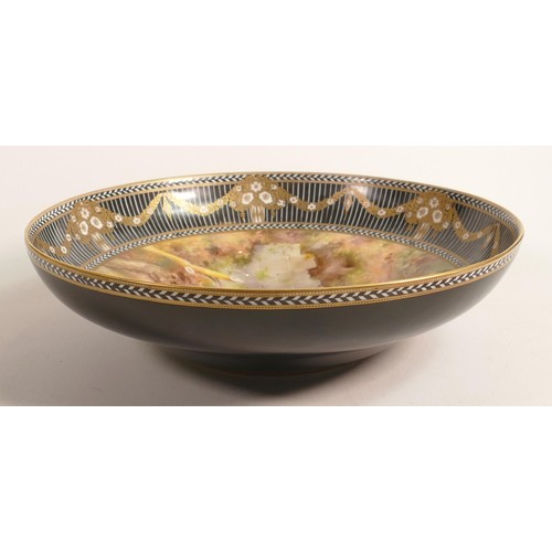 985 - Royal Worcester large footed bowl, gilded and hand painted with fruit by Frank Roberts, shape no.257... 