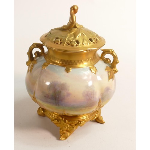 987 - Royal Worcester pot pourri jar & cover, gilded and hand painted with a country cottage by R Rushton,... 