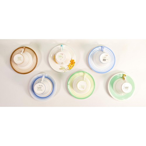 992 - Shelley Regent shape tea cups & saucers x 6. Pattern No.s 12401/51, 11988, 11959, 12622, 12021. (12)