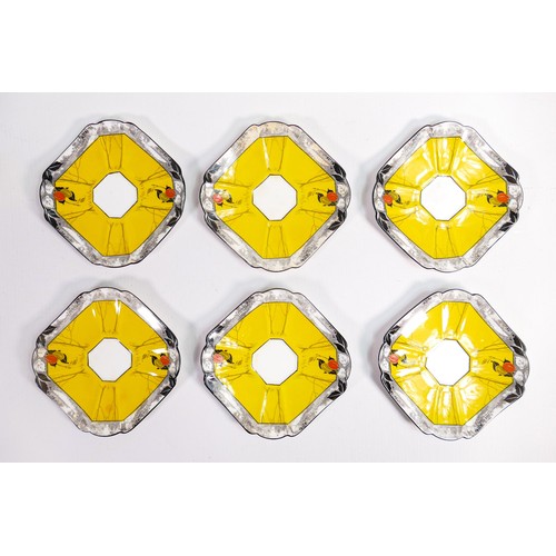 1002 - Shelley Queen Anne shape coffee cups & saucers. Pattern No.s 11634/31. Damson fruit on yellow ground... 