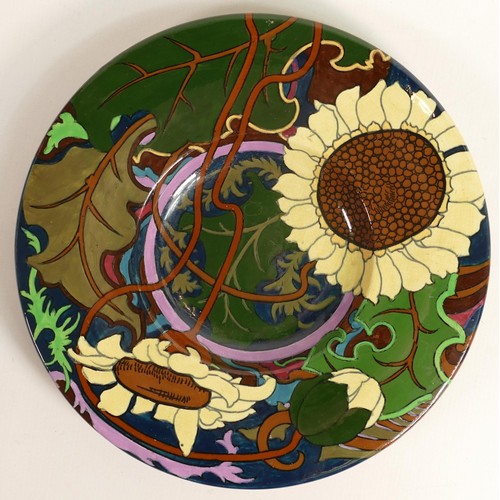 1034 - Foley Intarsio large dish decorated with stylised sunflowers, d.31.5cm.