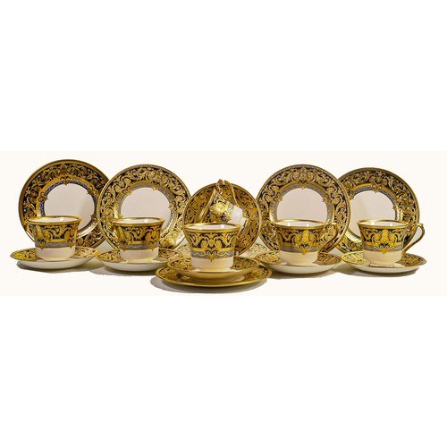 1086 - De Lamerie Fine Bone China heavily gilded Empress patterned set of six trios, specially made high en... 