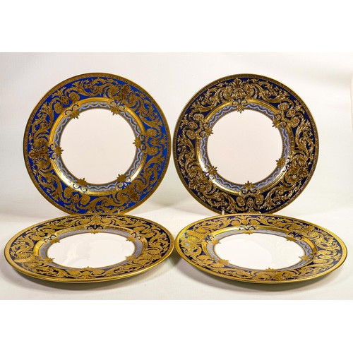 1089 - De Lamerie Fine Bone China heavily gilded Empress patterned set of four dinner plates, specially mad... 