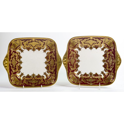 1136 - De Lamerie Fine Bone Burgundy Majestic patterned handled sandwich plates, specially made high end qu... 