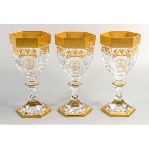 1229 - De Lamerie Fine Bone China Versailles patterned heavily gilded wine glasses with Bahrain motif, spec... 