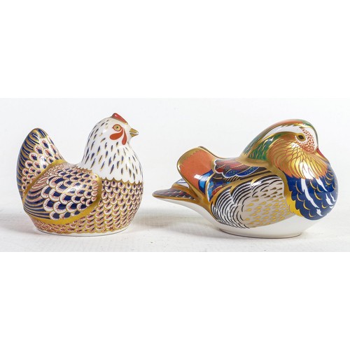 1249 - Royal Crown Derby Rooster and Mandarin Duck paperweights, both gold stoppers (2)