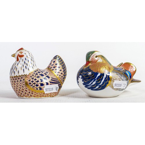 1249 - Royal Crown Derby Rooster and Mandarin Duck paperweights, both gold stoppers (2)