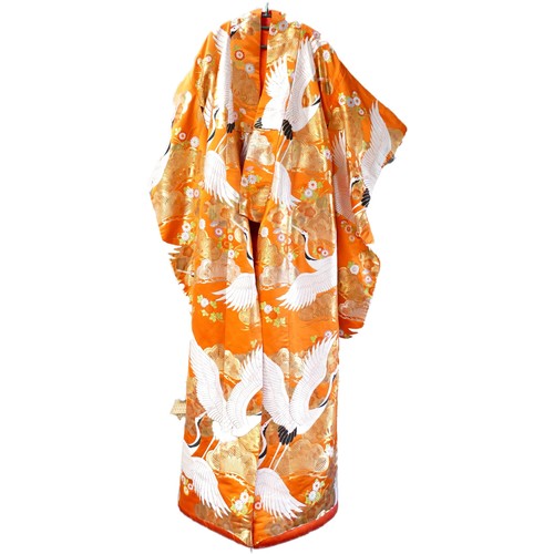 1718 - Exquisite 20th century wedding Kimono with dragon and floral decoration on orange background togethe... 