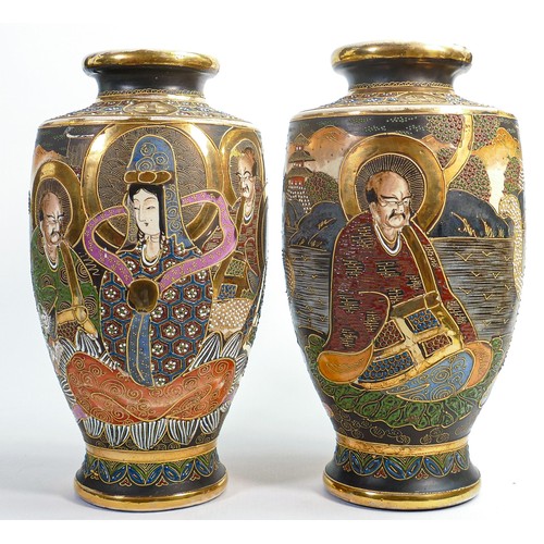 1720 - Pair of large Satsuma vases, gilded and enamel decorated all around with male & female characters, h... 