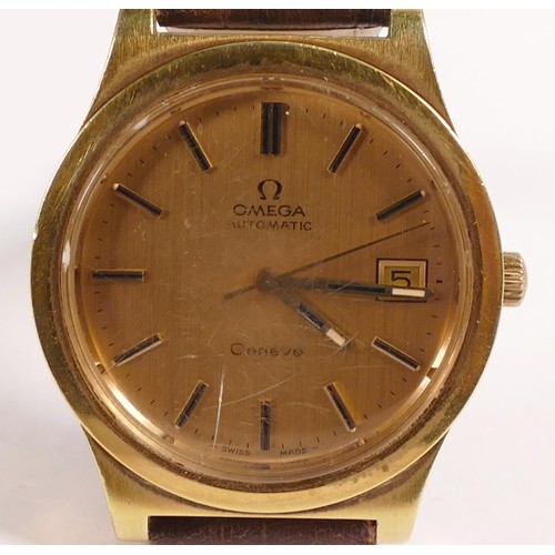 1902 - Omega Geneve automatic gentleman's date wrist watch, gold plated case with yellow dial with leather ... 