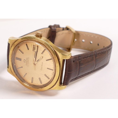 1902 - Omega Geneve automatic gentleman's date wrist watch, gold plated case with yellow dial with leather ... 