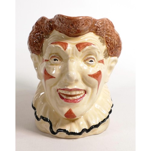 507 - Royal Doulton large character jug Clown with brown hair D5610. 4cm faint hairline crack inside the b... 