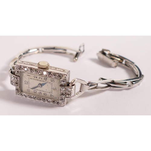 1905 - 9ct white gold ladies Art Deco cocktail watch, diamond encrusted dial with 9ct white gold bracelet, ... 