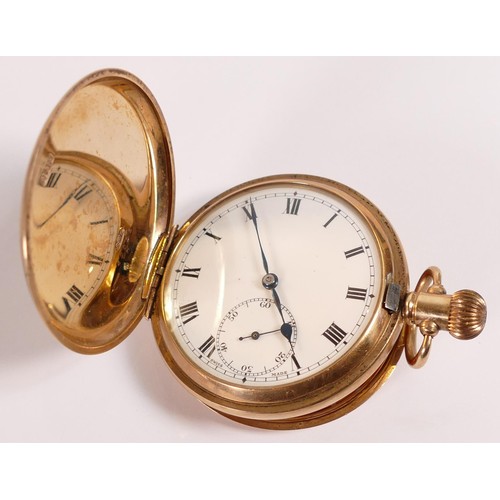 1907 - 9ct gold full hunter pocket watch, top winder, gross weight 96.8g. In ticking order.