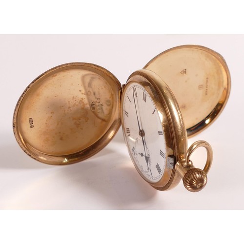 1907 - 9ct gold full hunter pocket watch, top winder, gross weight 96.8g. In ticking order.