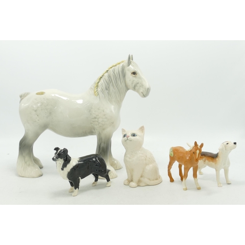 385 - Beswick figures to include Grey 818 shire, Palomino Foal, Fox Hound, Collie Dog & Persian Kitten (5)