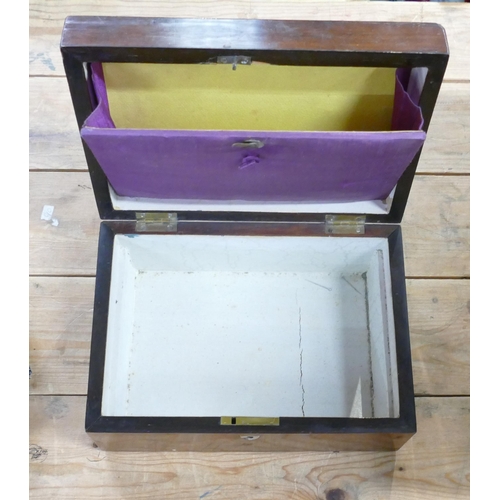 553 - Victorian rosewood sewing box, tray missing.  Measuring 25cm x 17.5cm x 11.5cm high appx.