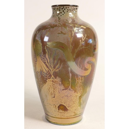 703 - Royal Lancastrian Richard Joyce circa 1913 earthenware lustre vase decorated with fish & marine life... 