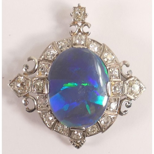 1868 - Large diamond and black opal (cracked) brooch of high quality set in high carat white gold or platin... 