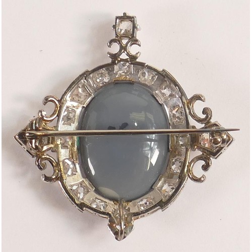 1868 - Large diamond and black opal (cracked) brooch of high quality set in high carat white gold or platin... 