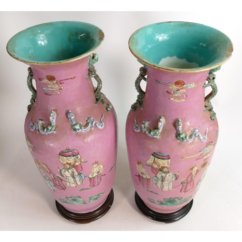 1723 - 19th century Chinese Canton Famille Rose mirrored pair of baluster vases, (a/f), height 47cm (2)