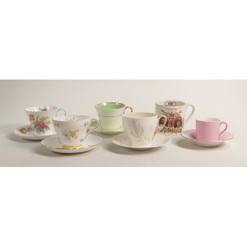 1030 - Shelley Regent shape coffee cups & saucers x 2, Oxford shape, Henley shape and Mocha shape, pattern ... 