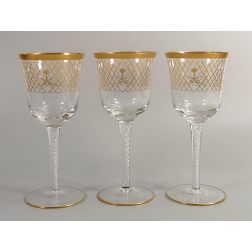 27 - De Lamerie Fine Bone China heavily gilded Glass Crystal The Twist Patterned Wine Glasses, specially ... 