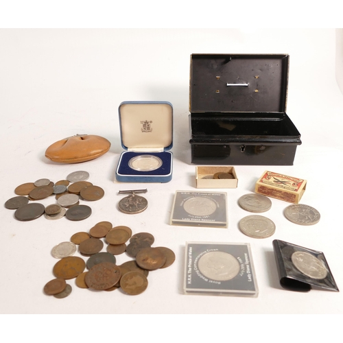 652 - Silver Crown with COA 1981 in box, WWI silver medal (name & details erased) together with assorted m... 