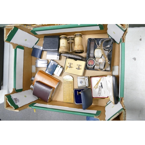 700 - A mixed collection of items to include Opera Glasses, Cigarette Lighters, Hip Flasks, Gents watches ... 