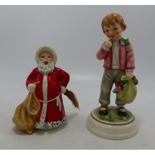 199 - Goebel figures Santa with Broom & small boy with bag & kitten , height 14cm(2)