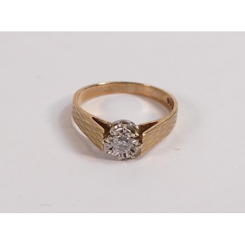 674 - 9ct gold diamond solitaire ring, size P, 2.6g.