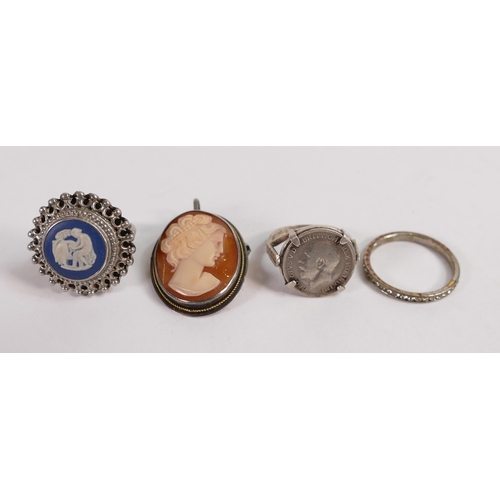 667 - Wedgwood Jasperware Silver Mounted Ring, Cameo silver mounted pendant  & silver threepenny coin ring