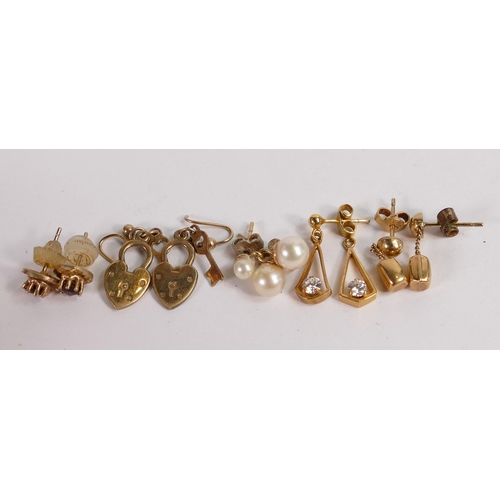 796 - Five pairs of 9ct gold various earrings, gross weight 7.4g.